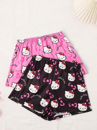 Sanrio 2件套三丽鸥Hello Kitty女士睡衣短裤，粉色和黑色，卡通印花，夏季休闲家居服