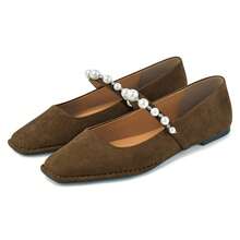 Flats For Women, Mary Jane Ballet Flats With Pearl Strap Square Toe Ballerina Walking Wedding Bride Party Dress Shoes - 深棕色 - 查看 6