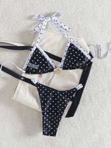 wohenmeili Contrast Color Trim Polka Dot Summer Bikini Set Vacation Beach - Black Background With White Dots - View 8