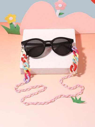 1 pieza Gafas de montura redonda de policarbonato NEGRAS de estilo vintage y retro para niños y niñas de 4 a 10 años, 1 pieza de cadena para gafas para uso al aire viajes, con estuche para gafas