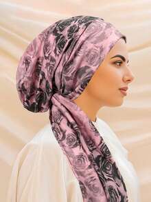 1pc Women's Vintage Rose Jacquard Muslim Headscarf Hat - Elastic Breathable Long-Tail Tie-Back Modest Cover,Multi-Color Elegant For All-Skull Coverage (Hand Washable) - For Muslim Women Daily Wear Hair Sleep Cap - Color - View 14