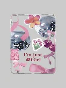 Y2K少女风拼贴iPad保护套 - 迪斯科球、蝴蝶结、樱桃图案、“我只是个女孩”标语、唇印、防震美观保护套，兼容iPad 11代、iPad 10代、iPad A16 - 無色 - 查看 28
