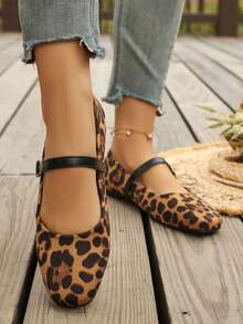 Women's Fashion New Flat Square Toe Mary Jane Leopard Print Casual Outdoor Slip-On Shoes, Suitable For Commuting, Office, Outdoor, Home, All Seasons - Leopard Print - View 2