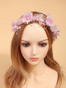 1pc Girls Faux Flower Pearl Headband, Elegant Beaded Floral Veil Headpiece, Suitable For Girls Daily Travel Hairstyles - 粉色 - 查看 5
