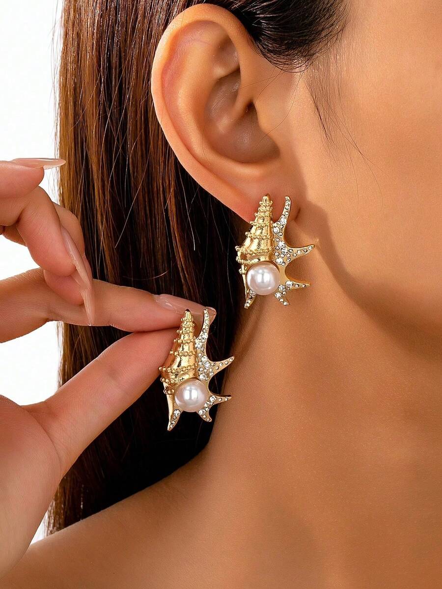 1 Đôi bông tai hình vỏ sò phong cách bãi biển mùa hè, trang sức giả ngọc trai phong cách Bohemian, thích hợp cho các bữa tiệc và du lịch của phụ nữ. - Nhiều màu - Xem 1