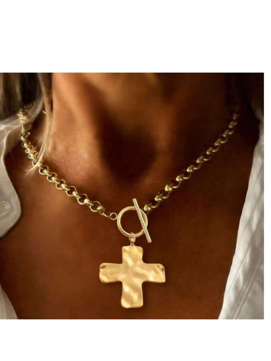 1件简约时尚金/银锤纹粗十字架吊坠项链，配T形扣，女士款 - 十字架 - 查看 1