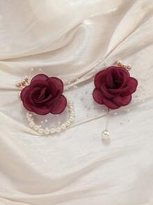 1pc/2pcs/6pcs Premium Burgundy Rose With Small Beads Metal Alloy Elegant Corsage And Pearl Chain Wrist Flower, Suitable For Groom, Bride, Groomsman, Bridesmaid - Burgundy - View 4