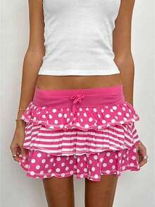 Women's Summer Mini Skirts Pink Dot Print Tiered Skirt For Daily, Travel, Parties - 粉色 - 查看 4