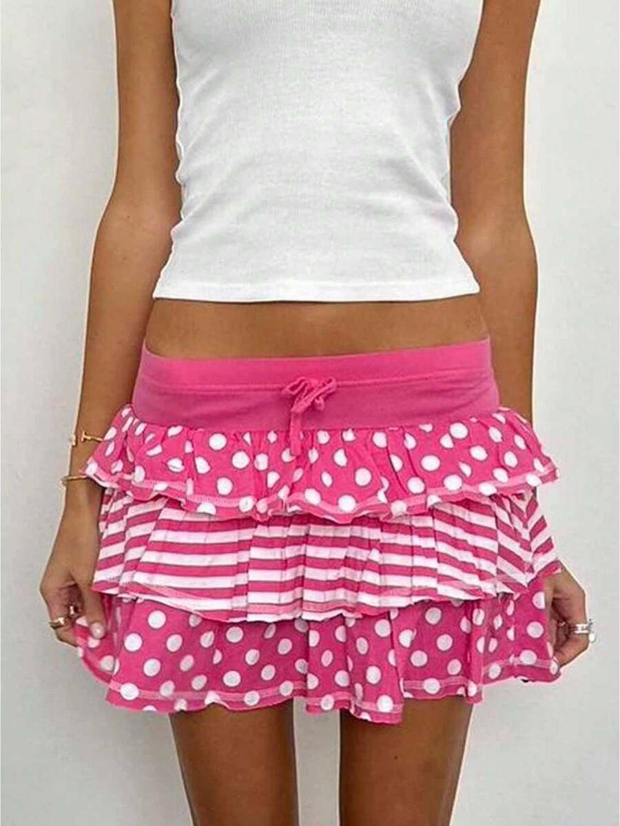 Women's Summer Mini Skirts Pink Dot Print Tiered Skirt For Daily, Travel, Parties - Pink - View 1