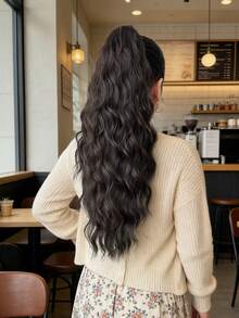 22 Inch Deep Brown Long Wavy Soft Realistic Synthetic Wig, Suitable For Women, With Claw Ponytail Extension - Brown - View 6