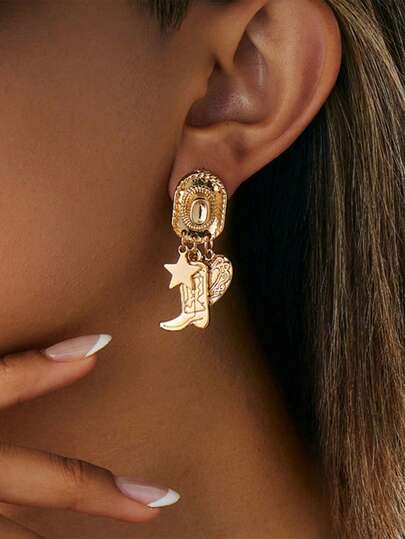 1 par de botas vaqueras occidentales retro, sombrero vaquero, aretes con forma de corazón, adecuados para el uso diario y fiestas de las mujeres, regalos, vaquera, accesorios occidentales, rodeo