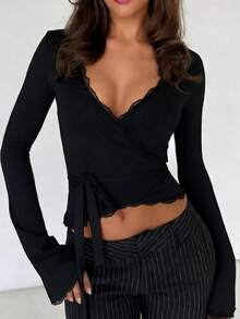 Áo nữ cổ chữ V tay dài phối ren, kiểu dáng chéo, thích hợp mặc thường ngày, dự tiệc, thể thao & tập luyện, phù hợp mọi mùa, xuân/hè/thu, màu đen. - màu đen - Xem 6