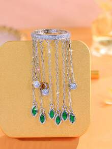 1 chiếc nhẫn nữ thời trang dài có tua rua, mạ bạc, hình lá màu xanh lá cây đính đá Cubic Zirconia, kiểu dáng thả dài, trang sức giả cổ, thích hợp đeo hàng ngày, dự đám cưới, lễ đính hôn, tiệc tùng, dạ hội - Quà tặng cho phái nữ, quý cô, bạn gái, vợ. - màu xanh lá - Xem 7