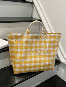 1个新款女士情人节大容量手提包，休闲格子透明果冻包，百搭学院风手提包，适合学生/旅行/健身/妈妈们，简约字母印花手提包 - 黃色 - 查看 4