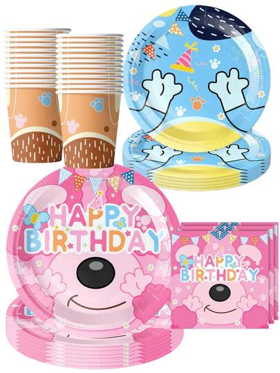 Juego de 50 piezas de vajilla para fiesta de cumpleaños con temática de monstruos rosa y azul, platos de papel de 17.8cm y 22.9cm, vasos de papel de 250ml, servilletas, suministros para fiesta de cumpleaños con patrón de huellas de patas