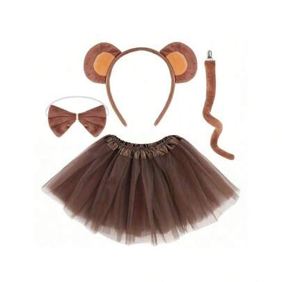 4pcs Cartoon Monkey Costume Accessories Set - Headpiece, Bow Tie, Tail, Ballet Tutu Skirt, Suitable For Performance, Party, Animal Costume, Gift