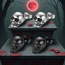 哥特式骷髅袖扣和项链套装，女士款，红月万圣节饰品 - 銀色 - 查看 2