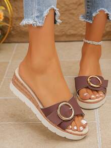 大码夏季新款时尚百搭厚底白色小金属扣女士套脚露趾舒适透气黑色棕色酒红色凉鞋，适合搭配连衣裙、沙滩装。 - 特級酒紅色PU - 查看 5