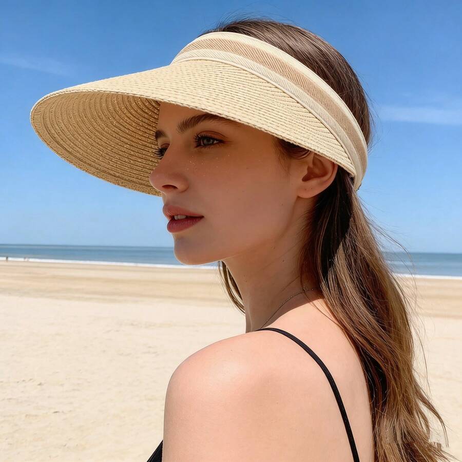 1pc Outdoor Beach Sun Shading French Style Straw Hat - Beige 1 - View 1