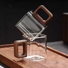 家用方形把手茶杯，高硼硅玻璃材质，胡桃木把手，方形小茶杯，耐热，品茶专用，单层杯 - 無色 - 查看 2