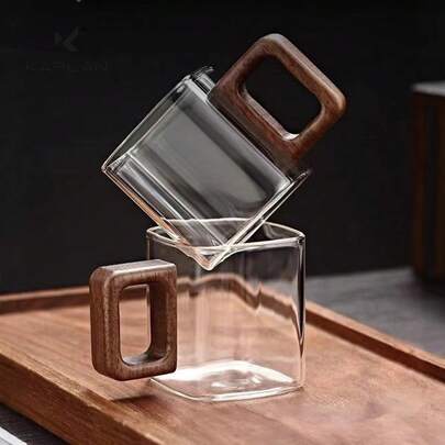 家用方形把手茶杯，高硼硅玻璃材质，胡桃木把手，方形小茶杯，耐热，品茶专用，单层杯