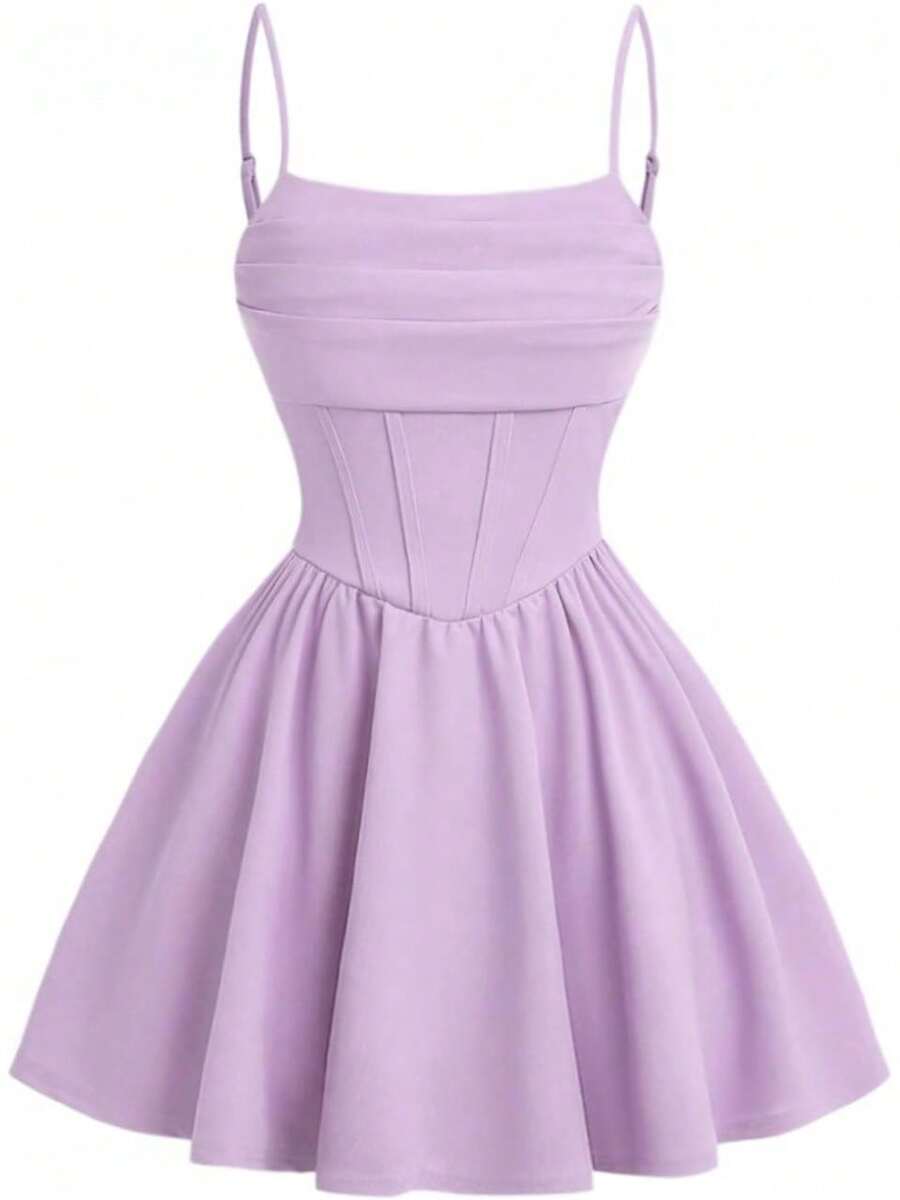 Girls' Spaghetti Strap Corset Dress - Pleated A-Line Fit & Flare Fancy Party Cami Dresso - Mauve Purple - View 1