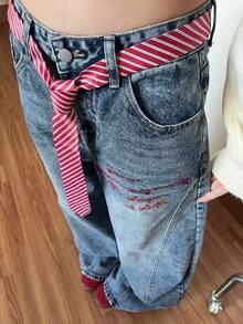 1pc Red Tie/Belt, JK Uniform Tie For Women, School Style Waist Belt, Perfect Accessory For Sailor Uniform. Featuring A Slim Striped Design, Suitable For Casual Wear, Weekend Outings, Dates, Campus Trips, Street Photography, And More. A Fashionable And Versatile Accessory, Also An Ideal Choice For Christmas Decoration. - Multicolor - View 3