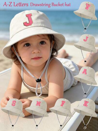 1 pieza Sombrero ajustable y transpirable para niños con 26 letras personalizadas, color rosa, sombrero de cubo para protección solar en la playa, adecuado para actividades al aire libre, uso diario y como regalo de cumpleaños para niñas pequeñas y bebés