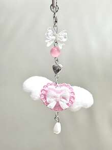 1件可爱粉色绒球项链，毛绒天使翅膀蝴蝶结洛丽塔手机挂饰，包包吊坠，ins风 - 白色 - 查看 4