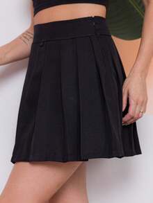 Women's Casual Pleated Mini Skirt With Slightly Stretchy Fabric, Perfect For Everyday Wear. - 黑色 - 查看 4
