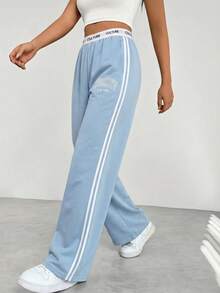 UREREM 女士休闲时尚街头运动学院风字母松紧腰撞色条纹侧边宽松喇叭裤 - 淺藍色 - 查看 3