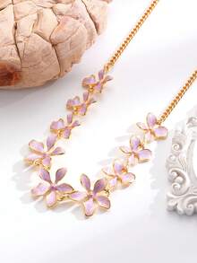 1pc Fashionable Luxury Elegant 3D Enamel Flower Necklace, Suitable For Women's Daily And Vacation Wear - Yellow Gold - View 3