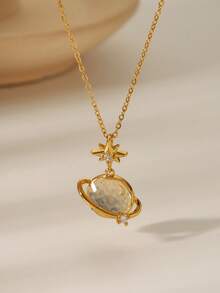 1pc Elegant Moon, Flower, Star, Butterfly, Water Drop, Heart, Rotating Planet Pendant Necklace With Sparkling Cubic Zirconia Delicate Choker, Suitable For Women Party, Valentine's Day Gift - Gold - View 4