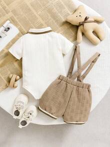 2pcs/Set Baby Boy Summer New Textured Bear Print Romper And Bib Pants Casual Fashion Outfit - Apricot - View 2
