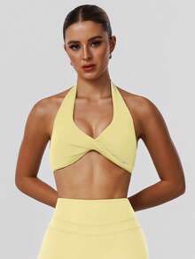 Women's Fitness Yoga Tank Top, V-Neck Twist Design With Padding, Solid Color Sports Leisure Bra - Màu vàng - Xem 4
