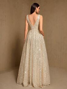 Đầm dạ hội thanh lịch đính sequin cổ chữ A xẻ cao, cổ chữ V dành cho nữ, thích hợp cho các dịp trang trọng như đám cưới, lễ tốt nghiệp, tiệc tùng. - Rượu sâm banh - Xem 3