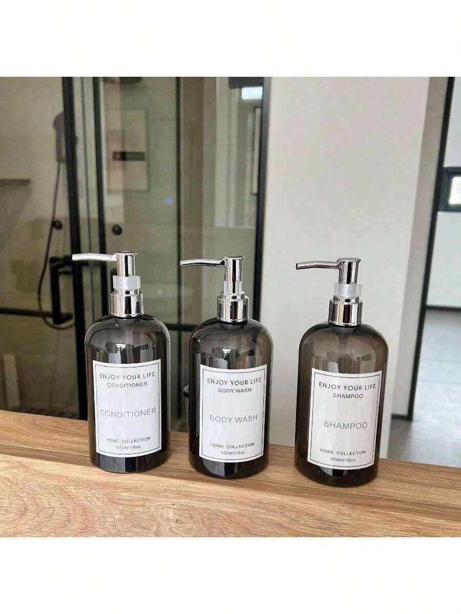 3pcs Oval Shaped Press Refillable Bottles, Black Shower Gel Shampoo Conditioner Empty Bottles With Waterproof Labels, Multi-Purpose Replacement Plastic Empty Bottles For Shower Gel, Shampoo, Conditioner, Body Lotion - Translucent Black - View 1