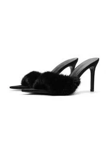Women's Furry High Heel Mule Sandals, Fashion Pointed Toe Thin Heel Backless Slip-On Slippers, Versatile For Autumn/Winter,Spring Summer Outfits - Black - View 1