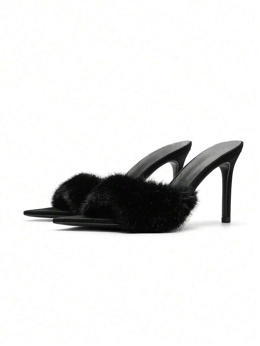 Women's Furry High Heel Mule Sandals, Fashion Pointed Toe Thin Heel Backless Slip-On Slippers, Versatile For Autumn/Winter,Spring Summer Outfits - Black - View 1
