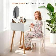 vanity tocadorVEAKAR Tocador para RecamaraTocador de  Vanity Pequeño Mueble para  Minimalista con Redondo Espejo y 2 Cajones Blanco 60 * 40 * 120cm - Blanco - Ver 3