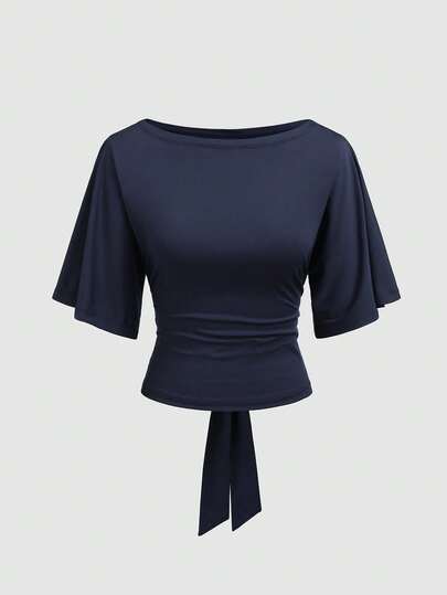 Vela Rue Bow Tie Waist Solid Color Batwing Sleeve Boat Neck Fitted Stretchy Navy Blue T-Shirt, Suitable For Commuting, Work, School, Spring/Summer Back To School Season, Teacher's Day