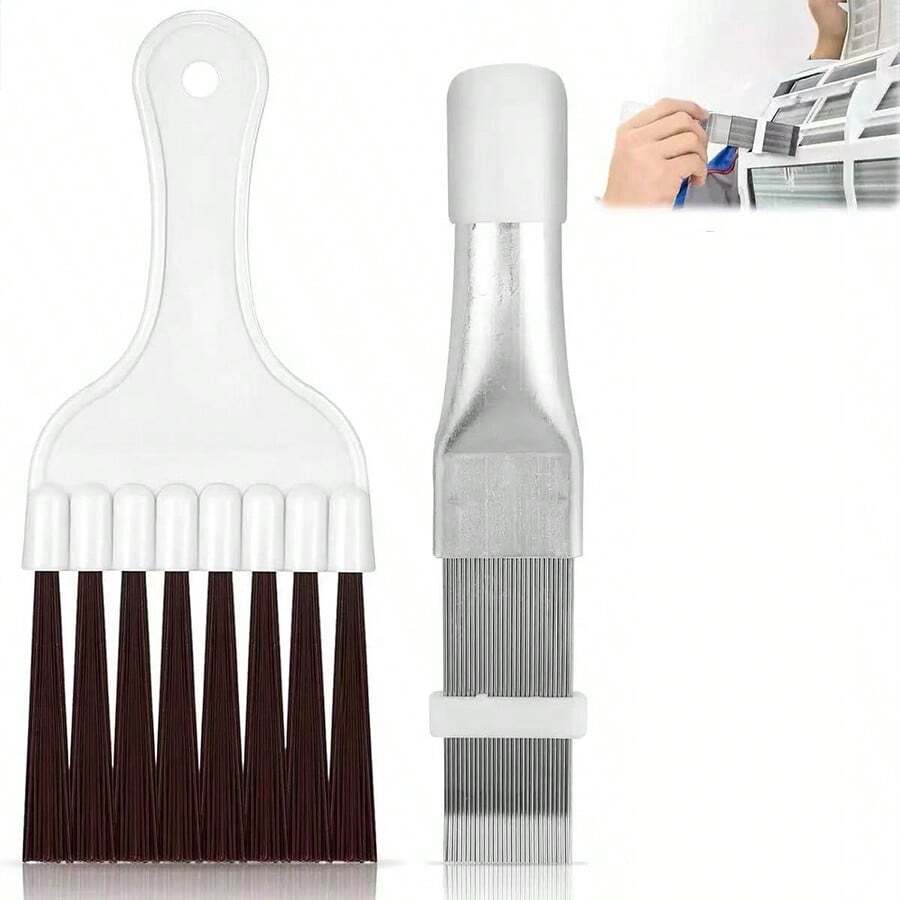 1pc Air Conditioner Fin Cleaning Brush, Condenser Coil Fin Cleaner, Stainless Steel Fin Duster Brush, AC Cleaning Tool - Finned Brush + Bristle Brush - View 1