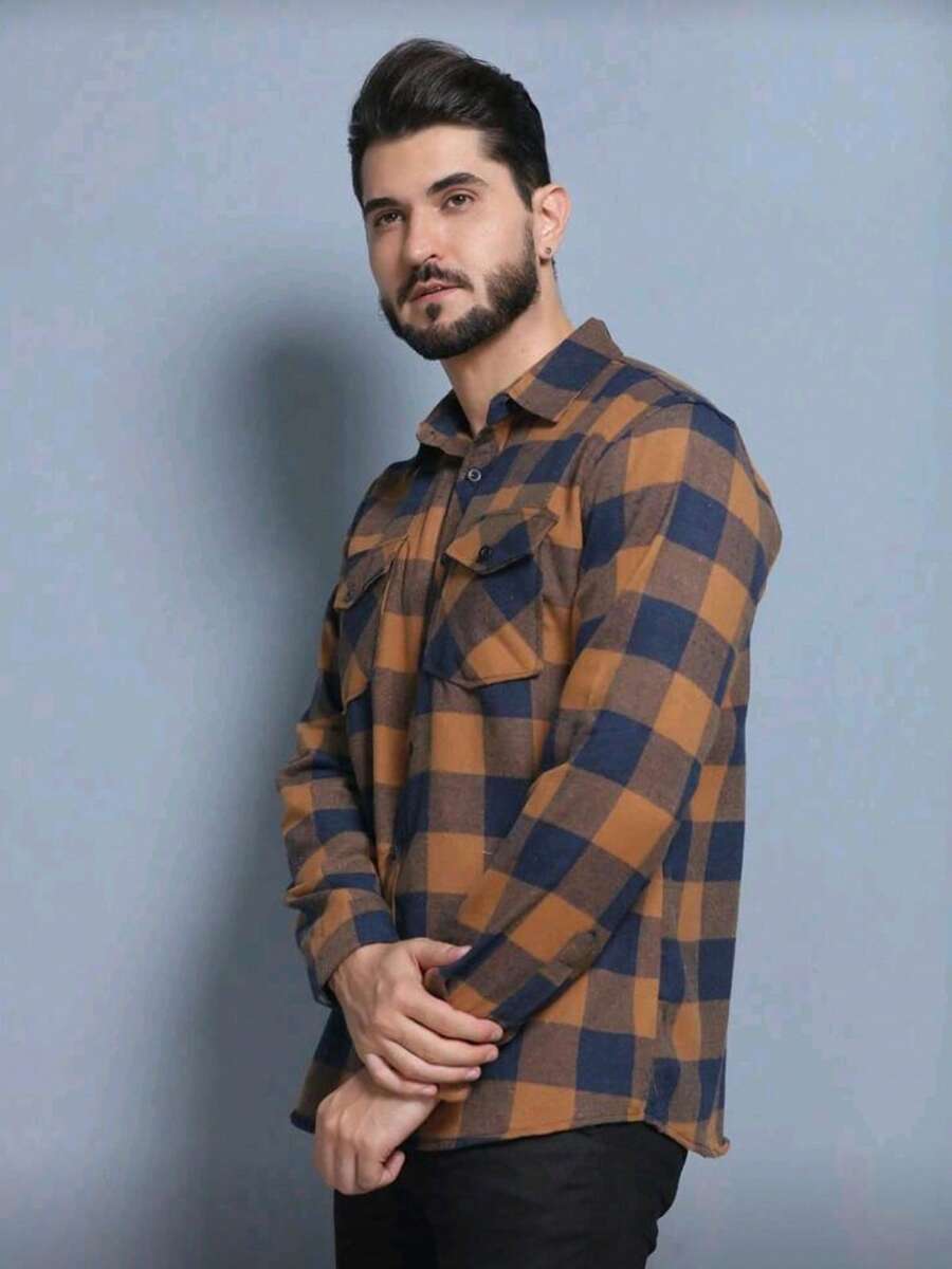 Camisa Social flanela de xadrez masculino manga longa Ajuste Regular Botões na frente Com Bolso - Castanho - Visão 1
