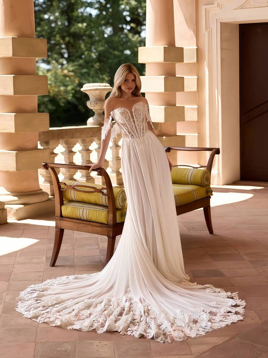 Ethereally Romantic Off-Shoulder Lace Bodice Chiffon Ball Gown Wedding Dress With Lace Train, Wedding Dresses For Bride, Elegant And Comfortable, Includes Plus Sizes, Bridal Gown, Formal Dresses For Women, Suitable For Wedding, Party, Vacation, Bride, Formal Occasions, Dinner Dress, Prom Dress, After-Party Dress, Homecoming Dress, Cocktail Party, Birthday Party, Celebration, Gala, Festival, Ceremony - 白色 - 查看 1