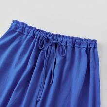 Women Lace Trim Long Bloomers Elastic Mid Rise Ruffle Pantaloons Cropped Flared Slips Pants Loungewear Summer Pettipants Capri Bottoms - 寶藍色 - 查看 6