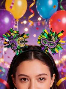 1pc Colorful Striped Sequin Clown Heart Masquerade Headband, Party Costume Accessory - Multicolor - View 2