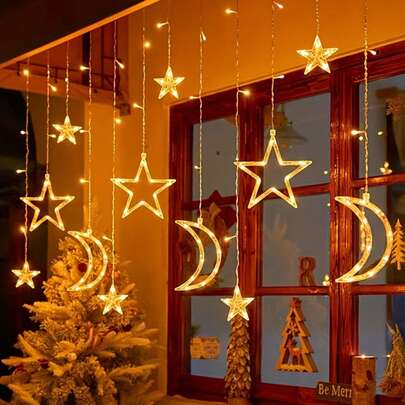 Đèn dây LED hình sao và trăng, đèn trang trí ngoài trời hình sao và trăng lấp lánh ánh sáng trắng ấm chạy bằng pin, đèn LED dây cửa sổ rực rỡ phong cách Bohemian cho trong nhà và ngoài trời, đèn treo hình trăng lưỡi liềm và sao, 2 chế độ chiếu sáng, thích hợp trang trí tường phòng ngủ, tiệc sinh nhật, sân hiên, nhà hàng, triển lãm, văn phòng, phòng cầu nguyện, đồ trang trí nhà cửa trong nhà và ngoài trời, đèn sân vườn, lễ tốt nghiệp.
