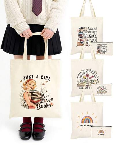 1/2pcs/Set Book Lover Theme Creative Book Illustration Canvas Book Bag, Zipper Pencil Case Set With Motivational "You're Awesome" Pattern, College Style Canvas Tote Bag Set, Suitable For Back To School, Graduation, Travel, Birthday, Anniversary, Teacher's Day, Thank You Gifts For Classmates, Friends, Students And Teachers