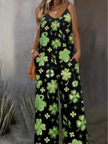 Women's Shamrock Print Jumpsuit: Spaghetti Strap V-Neck Romper With Side Pockets, Black With Green Clover Pattern For St. Patrick's Day & Spring Festival Outfit. - Màu hỗn hợp 6 - Xem 3