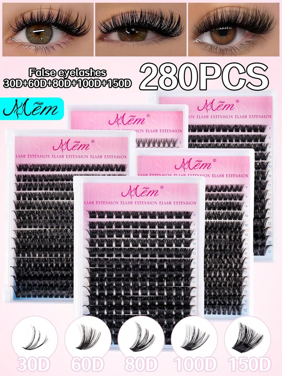 644/280/224 Pieces 300pcs Fluffy Eyelash Clusters, 30D/40D/50D/60D/70D/80D/90D/100D Individual Lashes, Thick Cluster Eyelash Extensions, D Curl Lash Clusters, Individual Lashes, 10-18mm Fine Cluster Lashes, Suitable For Travel, Daily Wear (Beginner Friendly), Wedding, Date, Party, Holiday And More, Great For Christmas/Halloween/Gift Giving - 黑色 - 查看 1